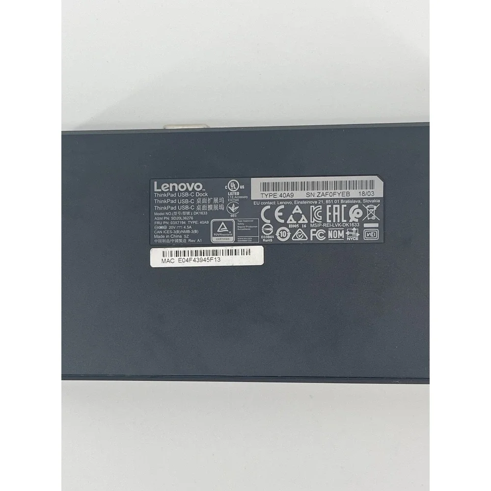 Lenovo ThinkPad USB-C Dock Gen 1 Type 40A9 Laptop Docking Station Black No Cable